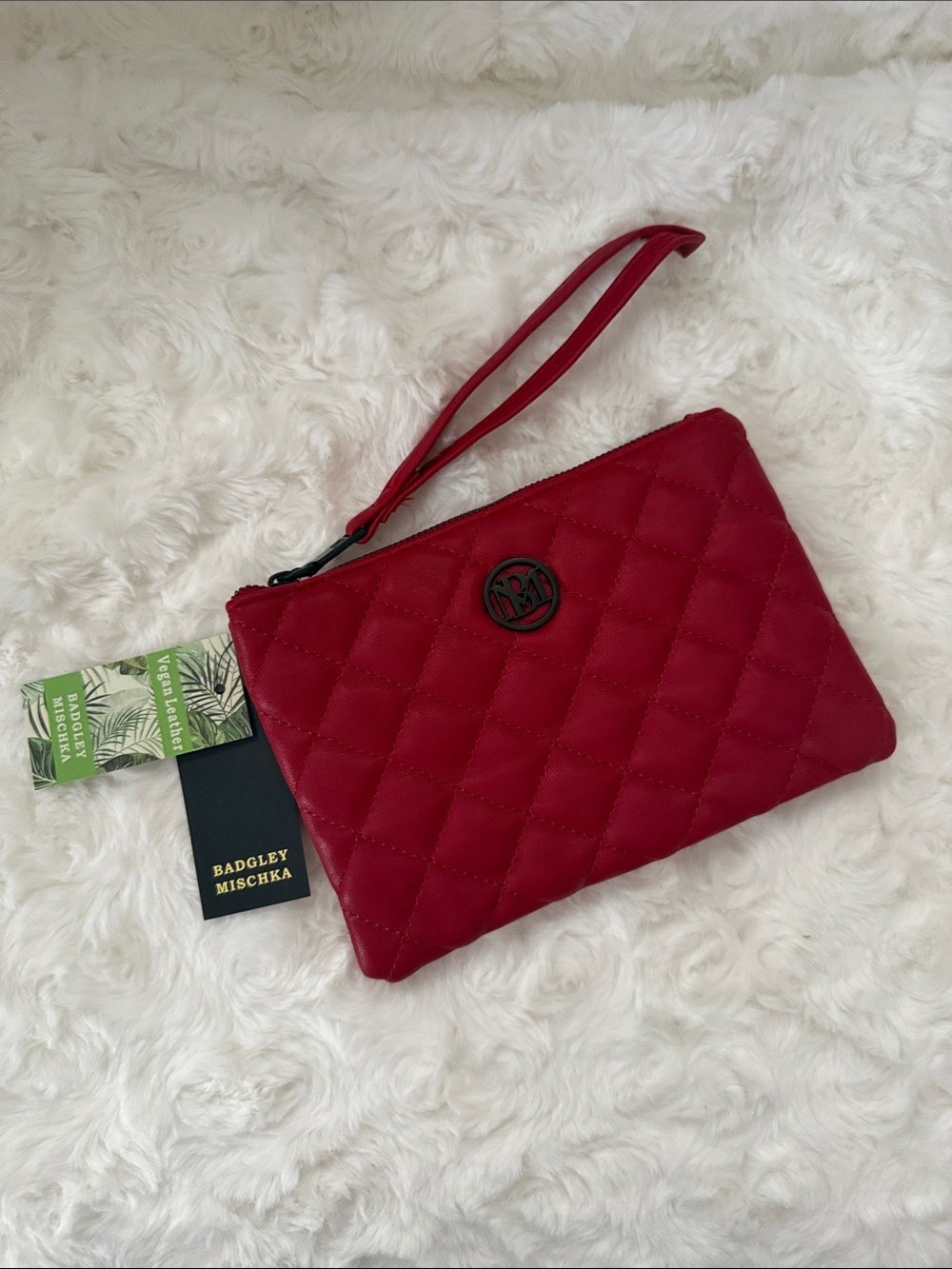 Badgley Mischka Red Quilted Wristlet with Logo Accent